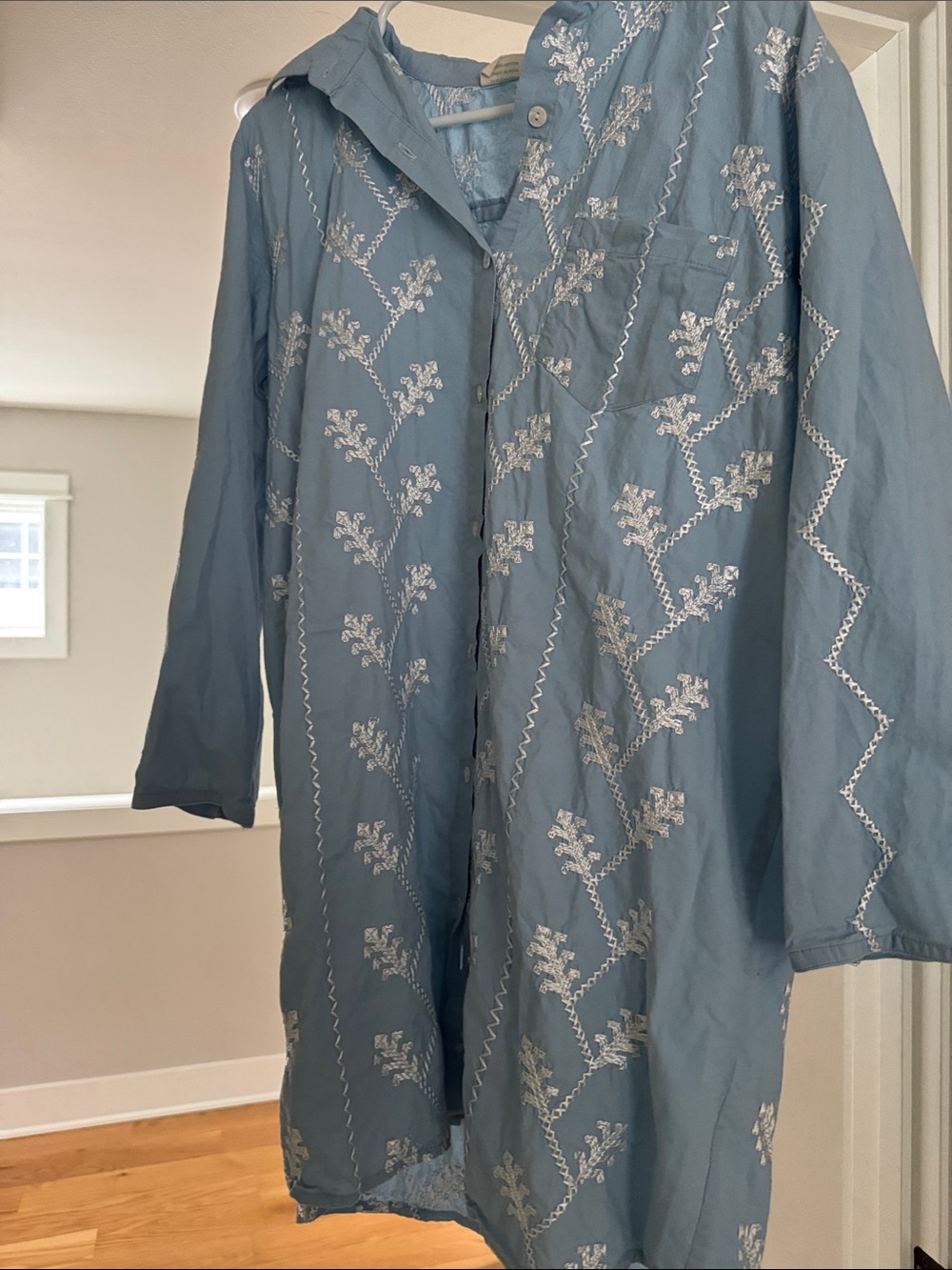 Embroidered Light Blue Mini Dress with Hood